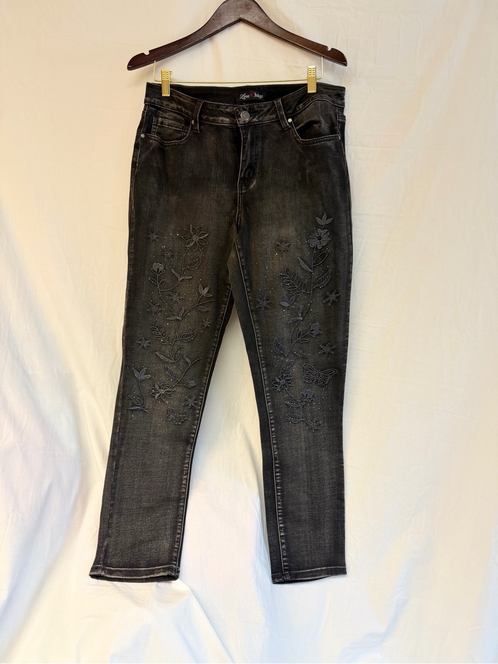 Love Indigo Black Skinny Jeans with Embroidered Floral Detail